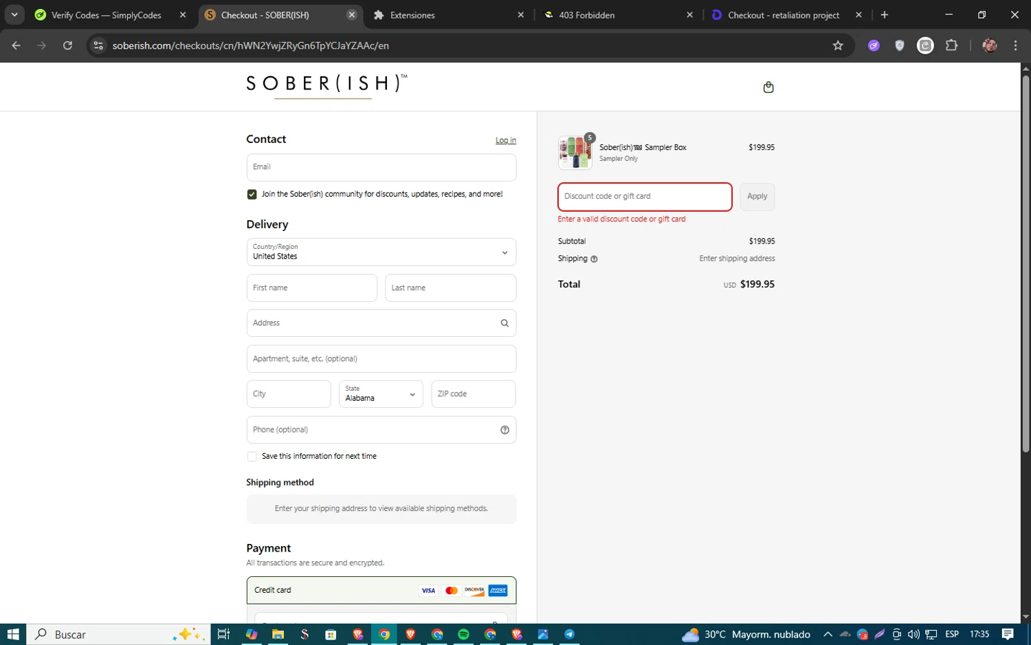 Sober(ish) discount code screenshot showing code THANKYOU10 applied at Sober(ish) checkout page. Uploaded by SimplyCodes community member 61451681 on Sep 3, 2025