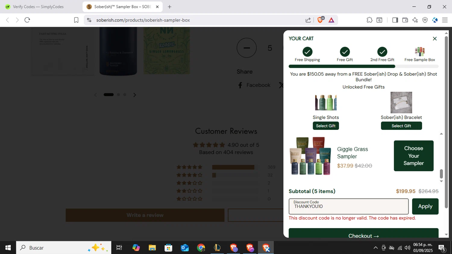 Sober(ish) discount code screenshot showing code THANKYOU10 applied at Sober(ish) checkout page. Uploaded by SimplyCodes community member EpicTiger4945 on Sep 3, 2025