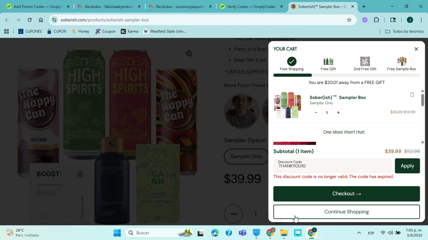 Sober(ish) discount code screenshot showing code THANKYOU10 applied at Sober(ish) checkout page. Uploaded by SimplyCodes community member jorgejavierherrera on Sep 3, 2025