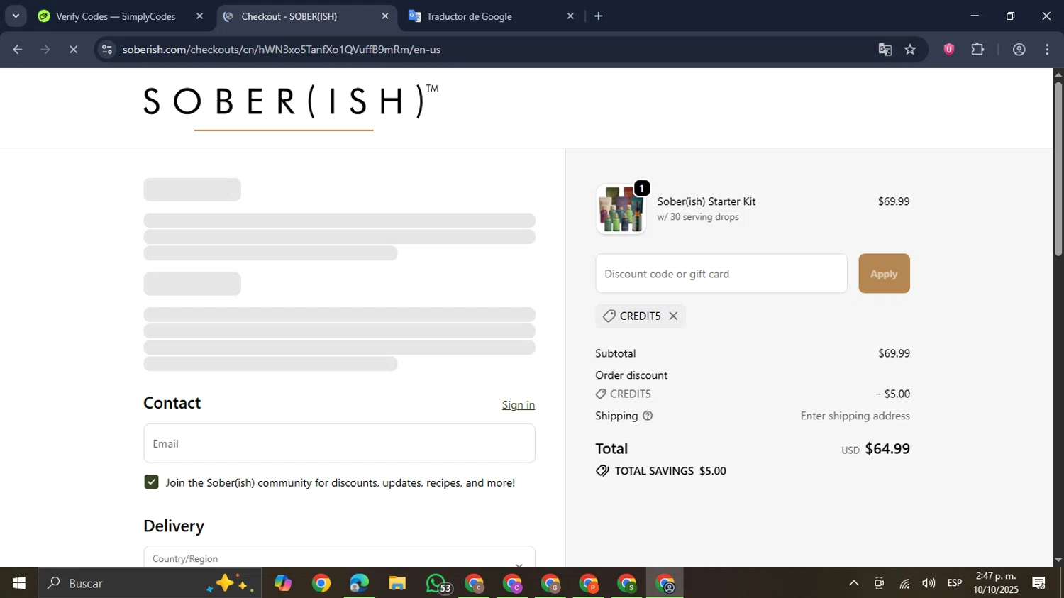 Sober(ish) discount code screenshot showing code CREDIT5 applied at Sober(ish) checkout page. Uploaded by SimplyCodes community member GloriousDefender7889 on Oct 10, 2025