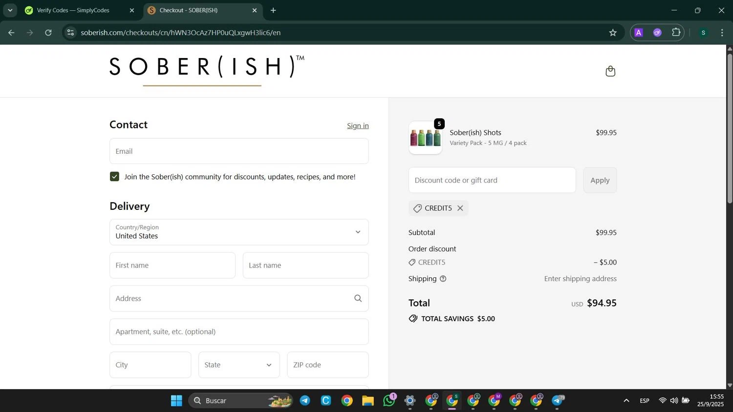 Sober(ish) discount code screenshot showing code CREDIT5 applied at Sober(ish) checkout page. Uploaded by SimplyCodes community member SaleHunter9008 on Sep 25, 2025