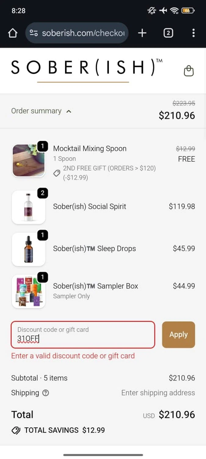 Sober(ish) discount code screenshot showing code 31OFF applied at Sober(ish) checkout page. Uploaded by SimplyCodes community member RoyalSpotter5217 on Jan 4, 2026