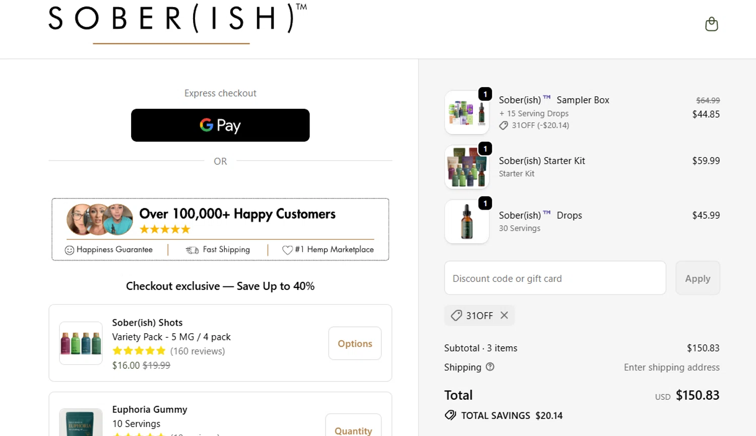 Sober(ish) discount code screenshot showing code 31OFF applied at Sober(ish) checkout page. Uploaded by SimplyCodes community member jesspea on Oct 30, 2025