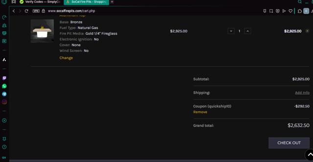 So-Cal Fire Pits checkout page showing So-Cal Fire Pits promo code box | Screenshot taken by SimplyCodes community member on Jun 7, 2025