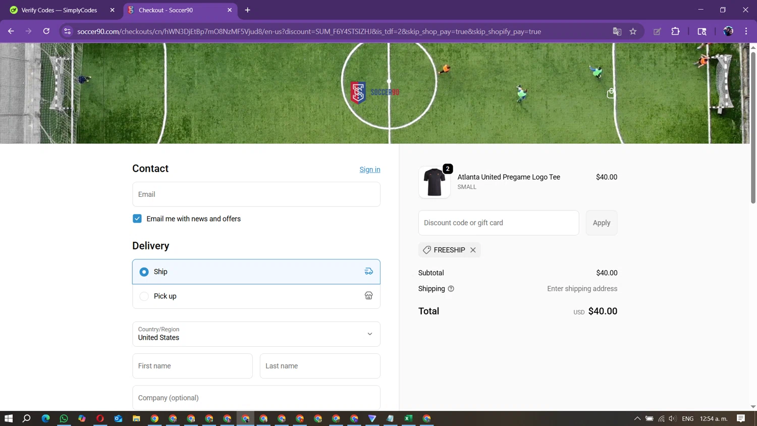 Soccer90 discount code screenshot showing code FREESHIP applied at Soccer90 checkout page. Uploaded by SimplyCodes community member Marielis on Sep 21, 2025