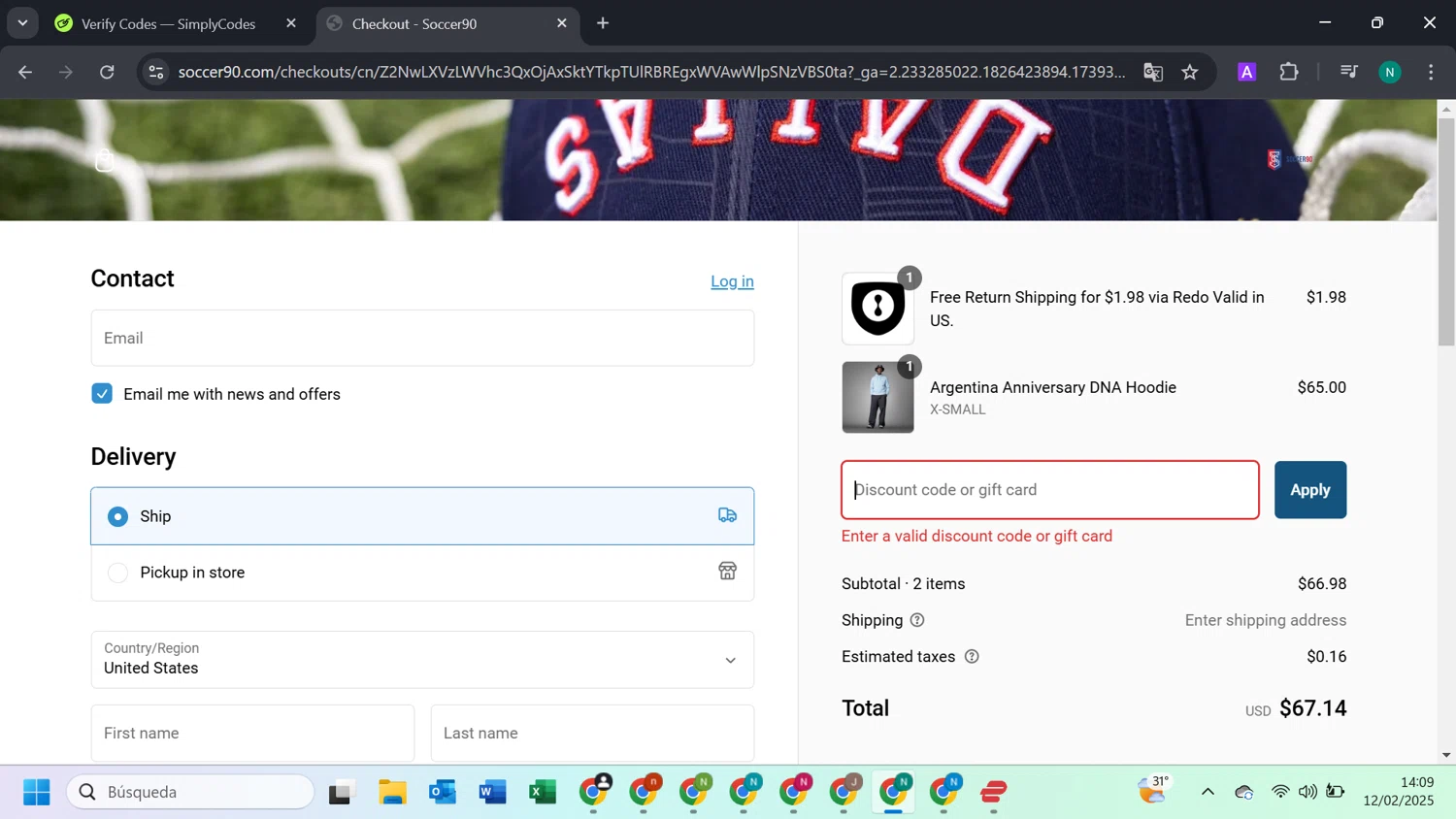 Soccer90 discount code screenshot showing code 3RDDEGREE applied at Soccer90 checkout page. Uploaded by SimplyCodes community member ExtraordinaryWizard2377 on Feb 12, 2025