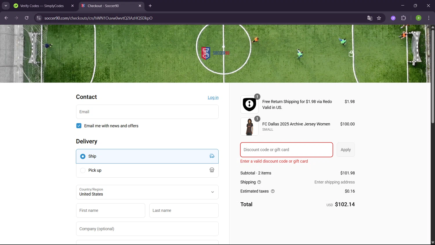 Soccer90 discount code screenshot showing code 3RDDEGREE applied at Soccer90 checkout page. Uploaded by SimplyCodes community member SavingsHero9122 on Aug 4, 2025