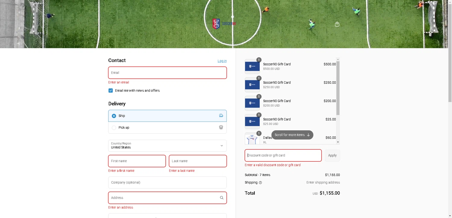 Soccer90 discount code screenshot showing code KICKAROUND applied at Soccer90 checkout page. Uploaded by SimplyCodes community member PromoElite4745 on Aug 4, 2025