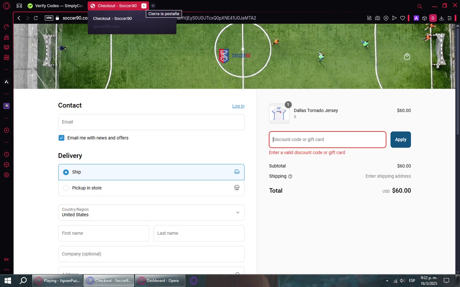 Soccer90 discount code screenshot showing code KICKAROUND applied at Soccer90 checkout page. Uploaded by SimplyCodes community member CoinBoss7661 on Mar 17, 2025