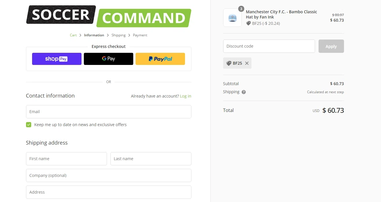 Soccer Command checkout page showing Soccer Command promo code box | Screenshot taken by SimplyCodes community member on Nov 23, 2020