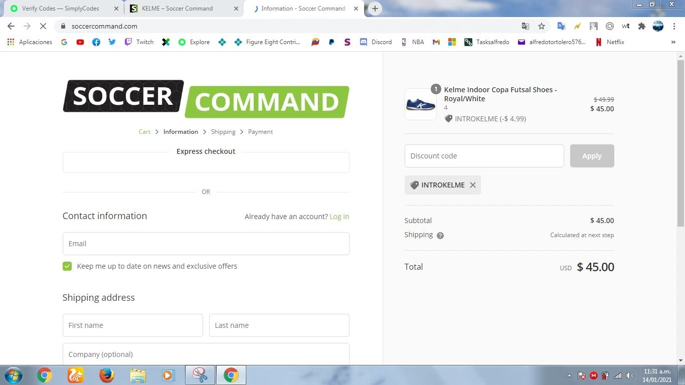 Soccer Command checkout page showing Soccer Command promo code box | Screenshot taken by SimplyCodes community member on Jan 14, 2021