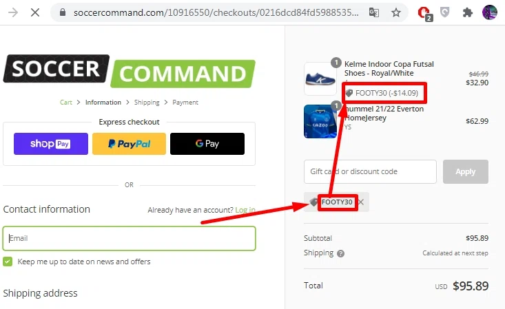Soccer Command checkout page showing Soccer Command promo code box | Screenshot taken by SimplyCodes community member on Sep 1, 2021