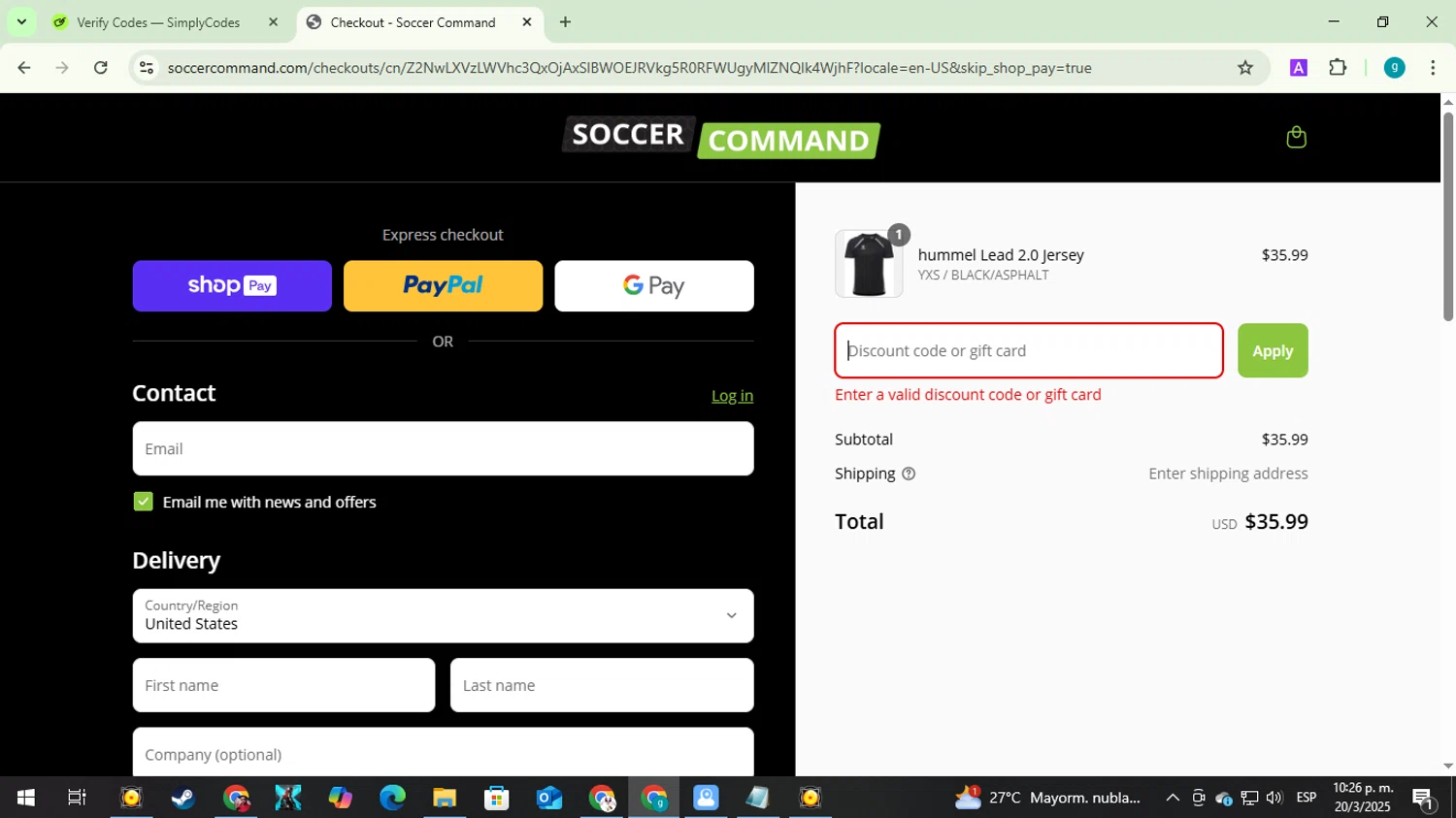 Soccer Command promo code screenshot showing code GODBU applied at Soccer Command checkout page. Uploaded by SimplyCodes community member ShieldExpert3365 on Mar 21, 2025