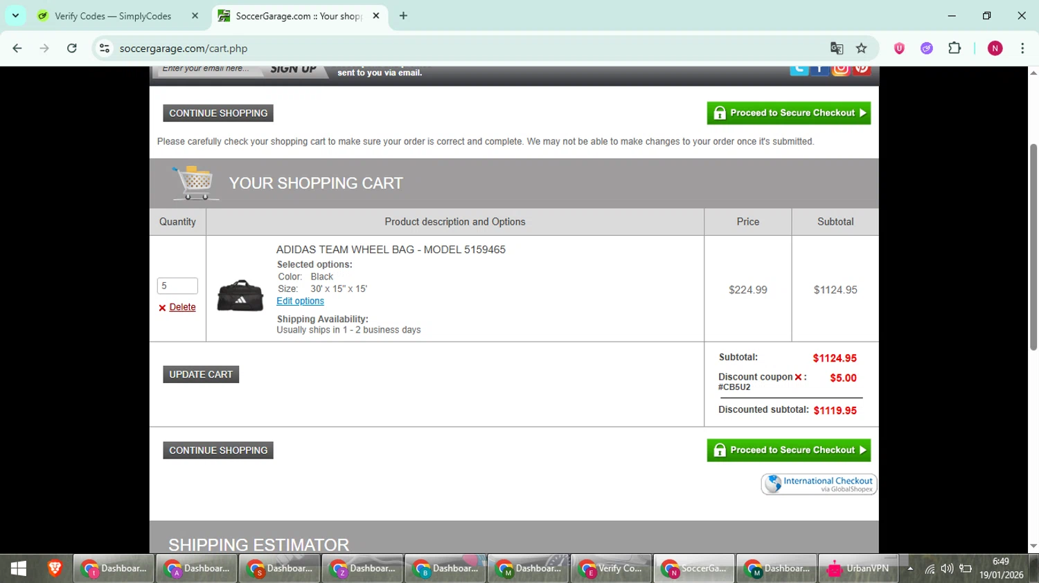 Soccer Garage checkout page showing Soccer Garage coupon code box | Screenshot taken by SimplyCodes community member on Jan 19, 2026