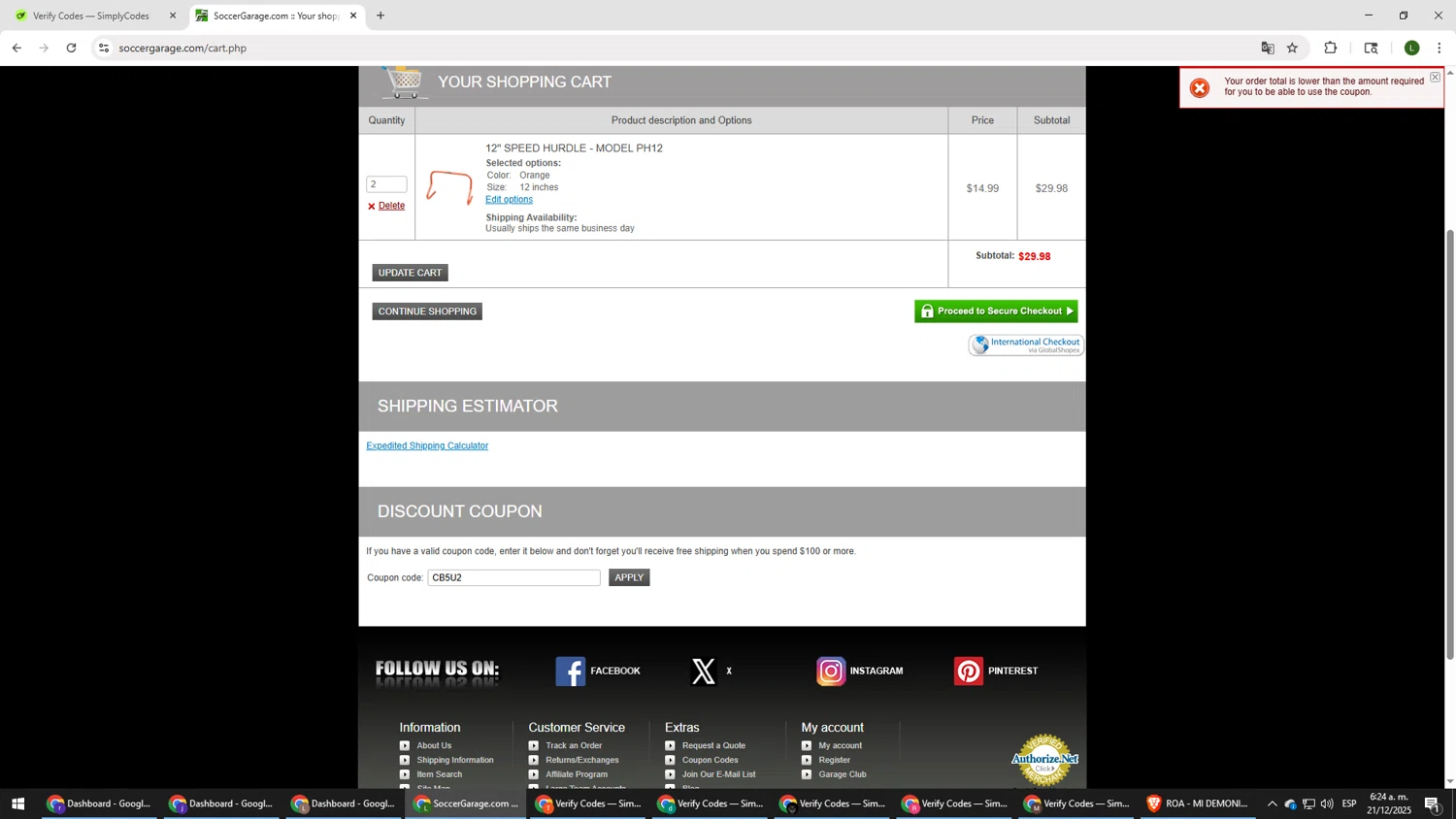 Soccer Garage coupon code screenshot showing code CB5U2 applied at Soccer Garage checkout page. Uploaded by SimplyCodes community member DUCATI on Dec 21, 2025