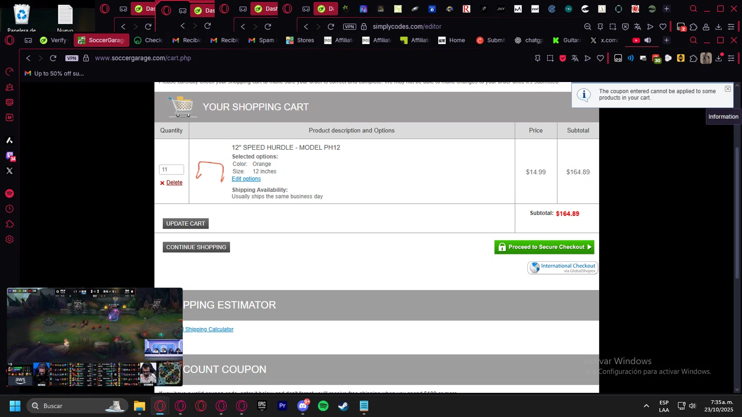 Soccer Garage coupon code screenshot showing code CB5U2 applied at Soccer Garage checkout page. Uploaded by SimplyCodes community member kurcovein on Oct 23, 2025