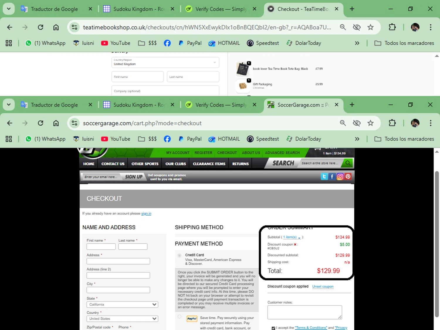 Soccer Garage coupon code screenshot showing code CB5U2 applied at Soccer Garage checkout page. Uploaded by SimplyCodes community member luisrodriguez on Nov 21, 2025