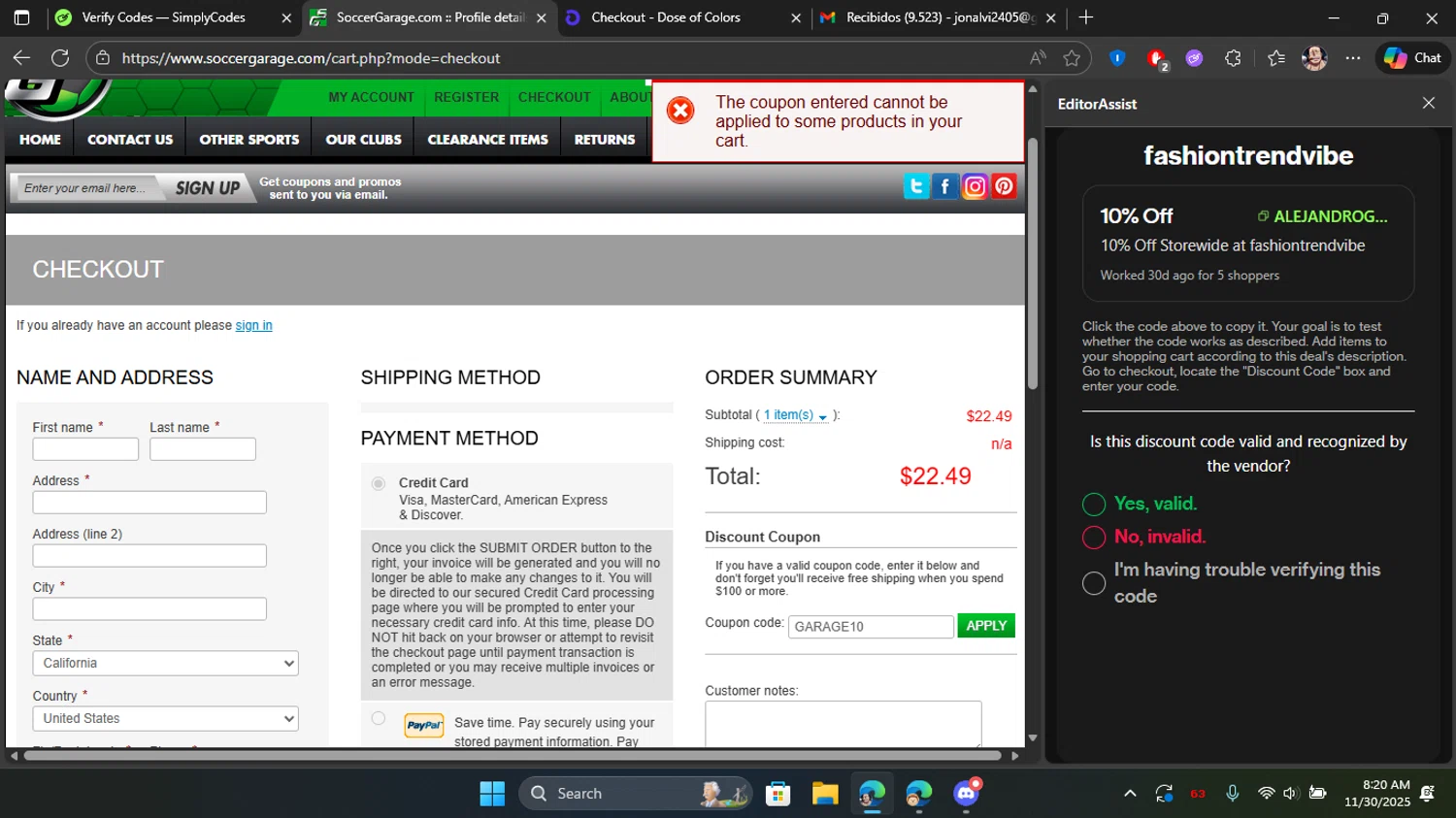 Soccer Garage coupon code screenshot showing code GARAGE10 applied at Soccer Garage checkout page. Uploaded by SimplyCodes community member Blackleg_Sanji on Nov 30, 2025