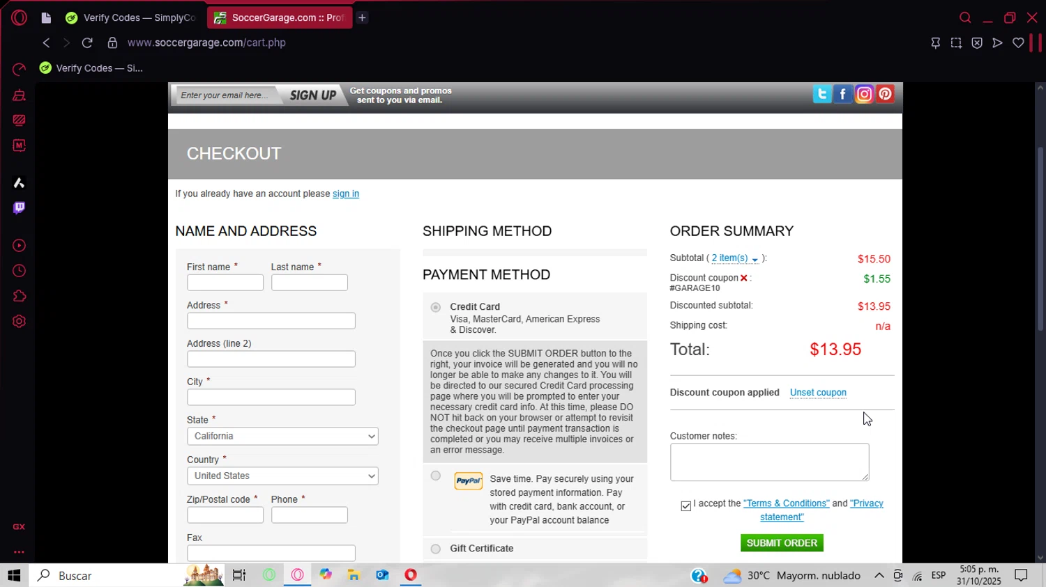 Soccer Garage coupon code screenshot showing code GARAGE10 applied at Soccer Garage checkout page. Uploaded by SimplyCodes community member CoinPhoenix3025 on Oct 31, 2025