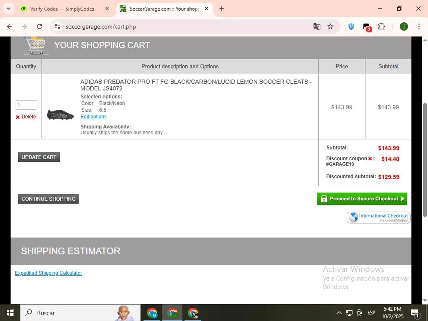 Soccer Garage checkout page showing Soccer Garage coupon code box | Screenshot taken by SimplyCodes community member on Oct 2, 2025