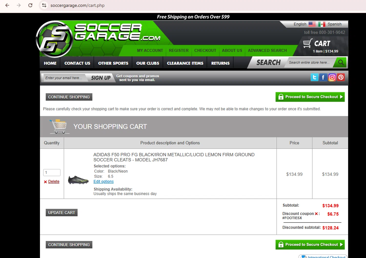 Soccer Garage coupon code screenshot showing code FOOTIE5X applied at Soccer Garage checkout page. Uploaded by SimplyCodes community member SaleScout7223 on Sep 3, 2025