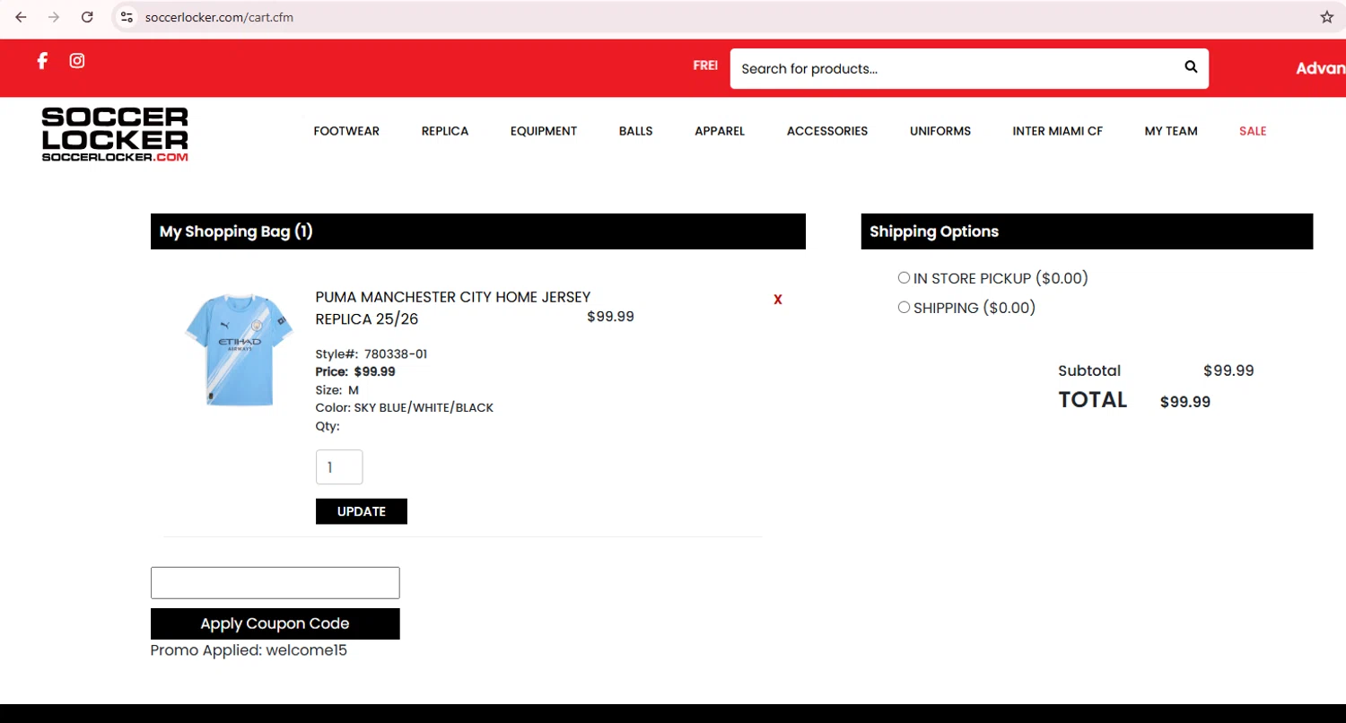 Soccer Locker promo code screenshot showing code welcome15 applied at Soccer Locker checkout page. Uploaded by SimplyCodes community member Teamgorila on Jul 31, 2025