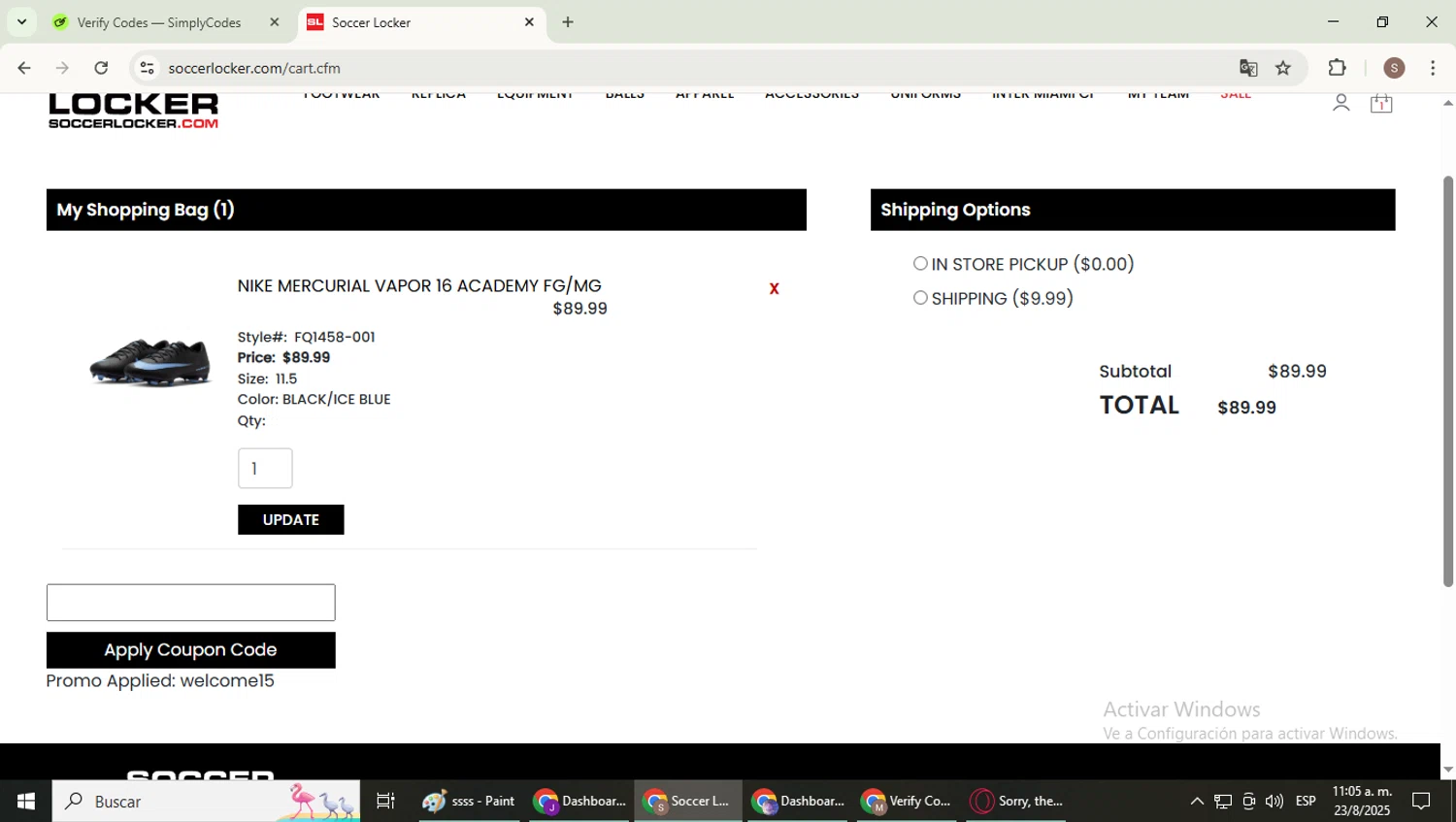 Soccer Locker promo code screenshot showing code welcome15 applied at Soccer Locker checkout page. Uploaded by SimplyCodes community member WiseExpert2972 on Aug 23, 2025