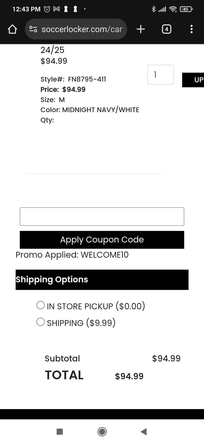 Soccer Locker promo code screenshot showing code WELCOME10 applied at Soccer Locker checkout page. Uploaded by SimplyCodes community member milennyzarraga on Jun 8, 2025