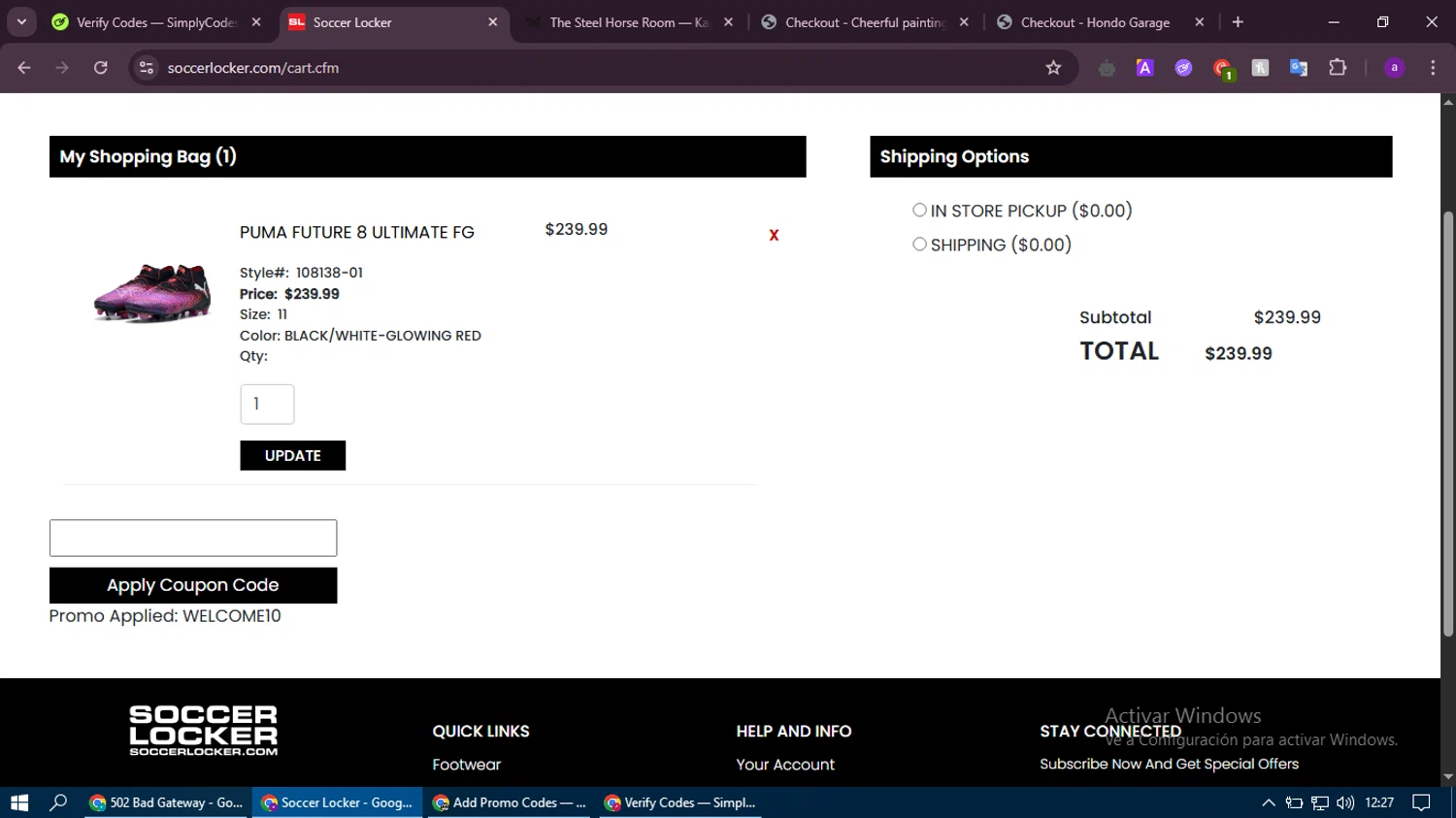 Soccer Locker promo code screenshot showing code WELCOME10 applied at Soccer Locker checkout page. Uploaded by SimplyCodes community member thethru on May 11, 2025
