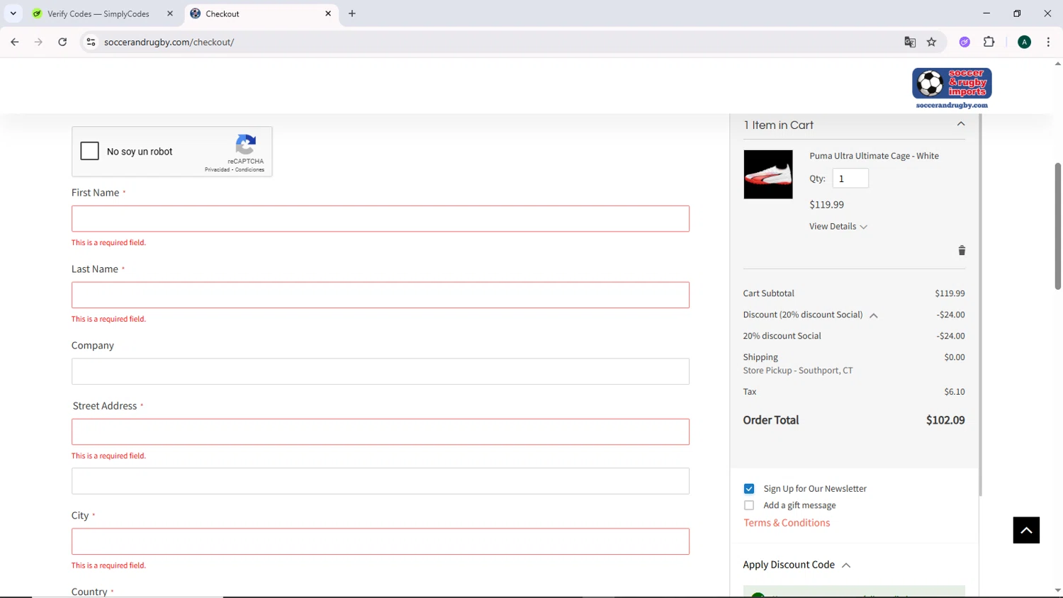 Soccer and Rugby Imports promo code screenshot showing code SOCIAL20 applied at Soccer and Rugby Imports checkout page. Uploaded by SimplyCodes community member DiscountCurator2907 on Jun 15, 2025