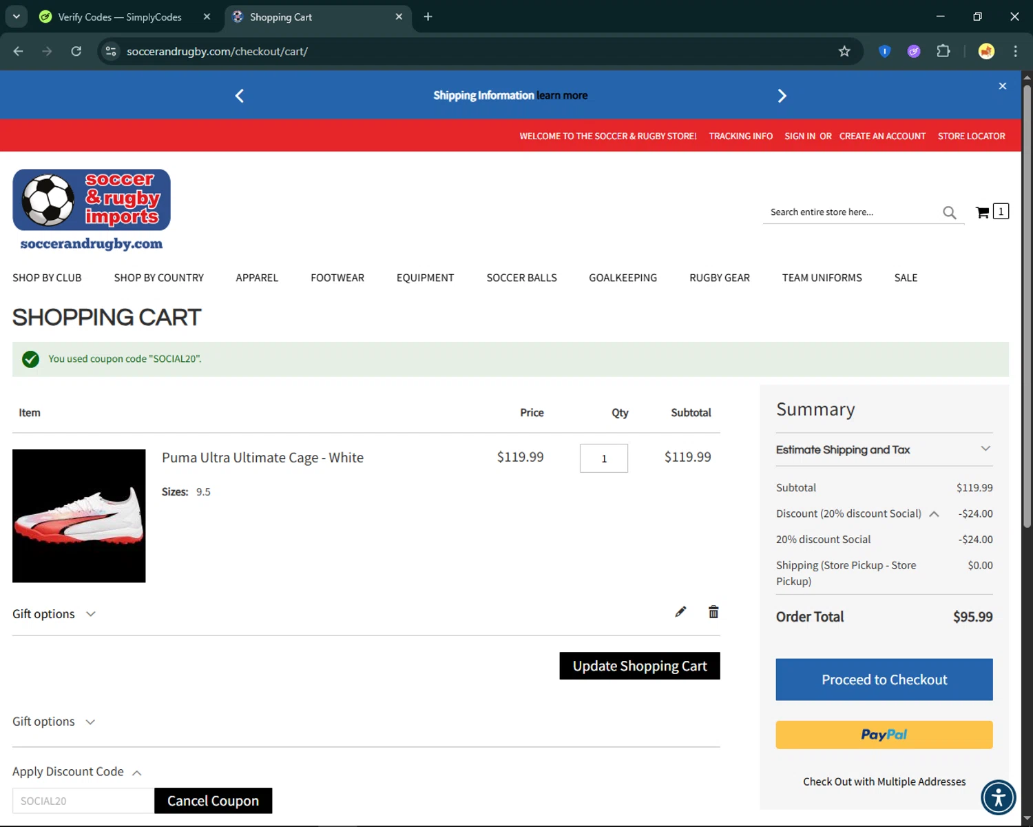 Soccer and Rugby Imports promo code screenshot showing code SOCIAL20 applied at Soccer and Rugby Imports checkout page. Uploaded by SimplyCodes community member SmartFinder4193 on May 11, 2025