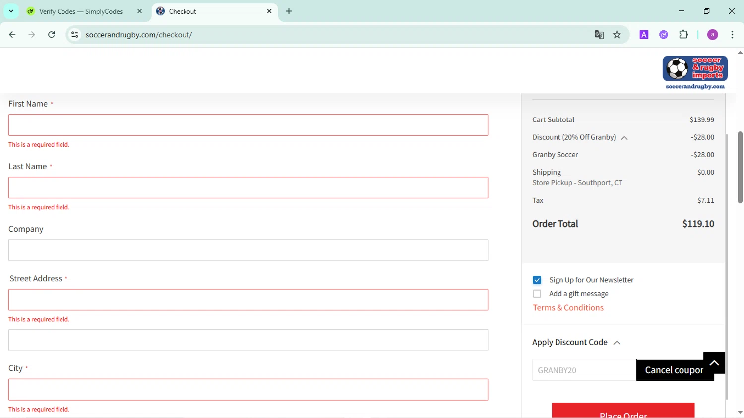 Soccer and Rugby Imports promo code screenshot showing code GRANBY20 applied at Soccer and Rugby Imports checkout page. Uploaded by SimplyCodes community member FortunatePilot2384 on Jun 15, 2025