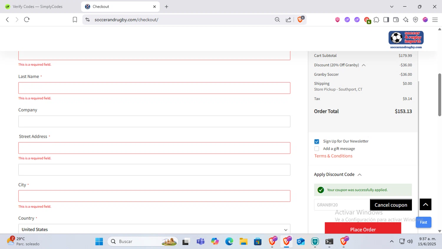 Soccer and Rugby Imports promo code screenshot showing code GRANBY20 applied at Soccer and Rugby Imports checkout page. Uploaded by SimplyCodes community member SapeGato on Jun 15, 2025