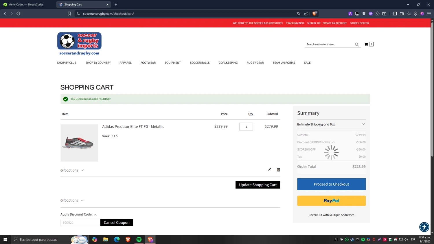 Soccer and Rugby Imports promo code screenshot showing code SCOR20 applied at Soccer and Rugby Imports checkout page. Uploaded by SimplyCodes community member Carlos54 on Jan 1, 2026