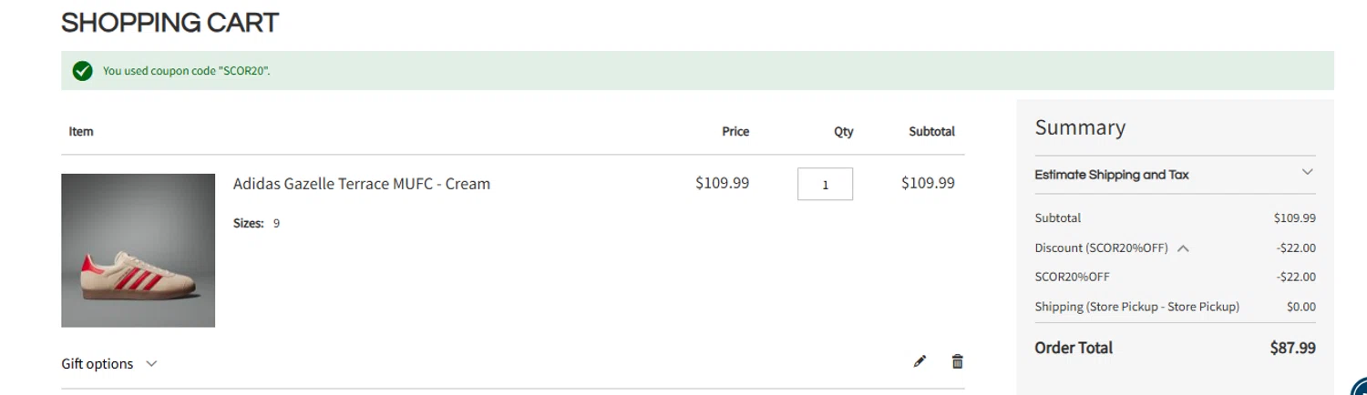 Soccer and Rugby Imports promo code screenshot showing code SCOR20 applied at Soccer and Rugby Imports checkout page. Uploaded by SimplyCodes community member tuvalu10 on Jun 8, 2025