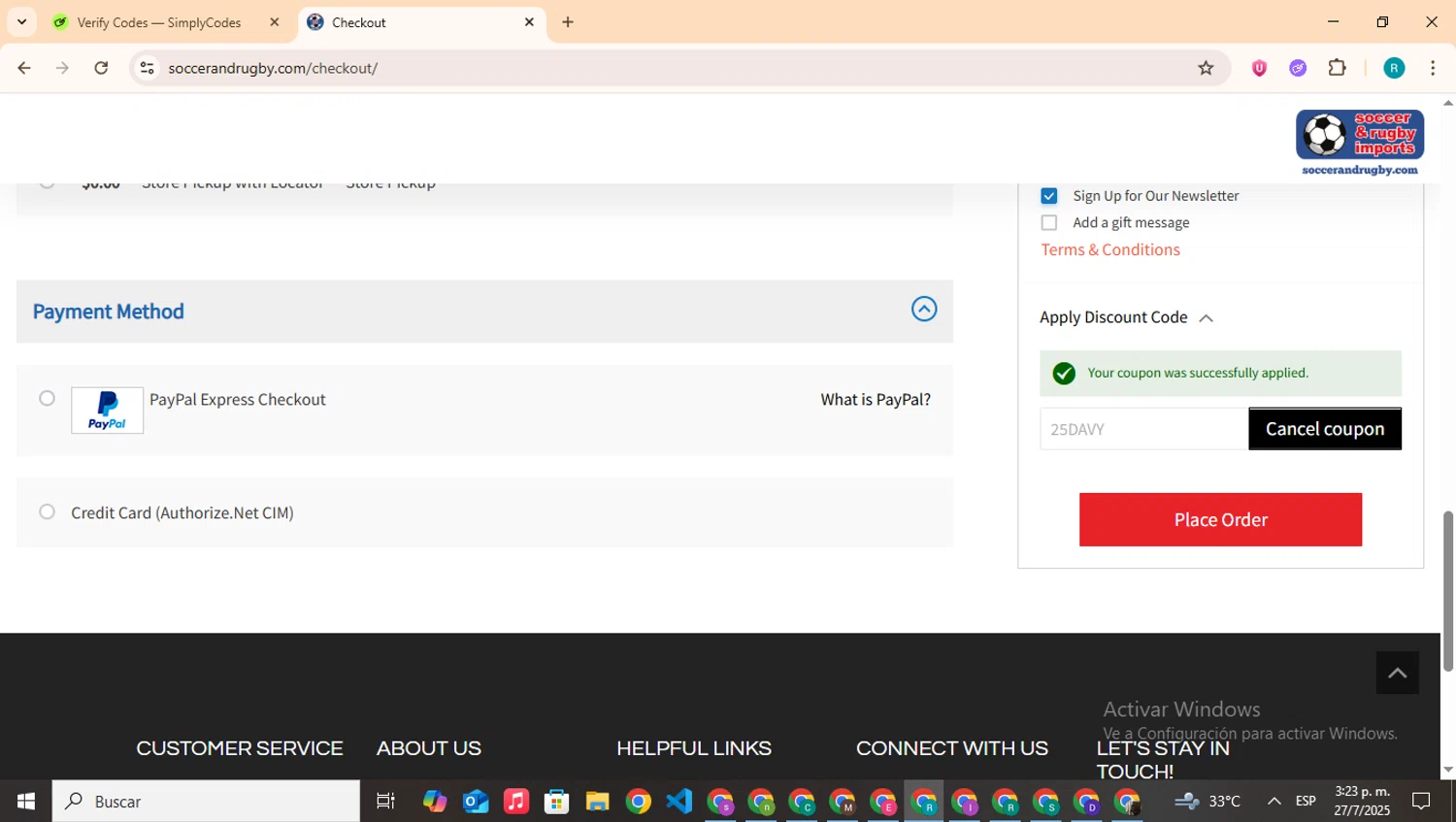Soccer and Rugby Imports checkout page showing Soccer and Rugby Imports promo code box | Screenshot taken by SimplyCodes community member on Jul 27, 2025