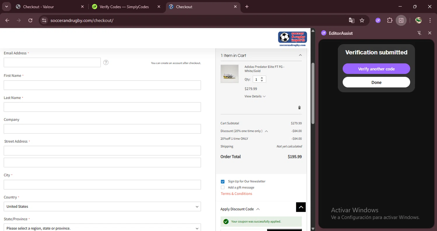 Soccer and Rugby Imports checkout page showing Soccer and Rugby Imports promo code box | Screenshot taken by SimplyCodes community member on Jul 17, 2025