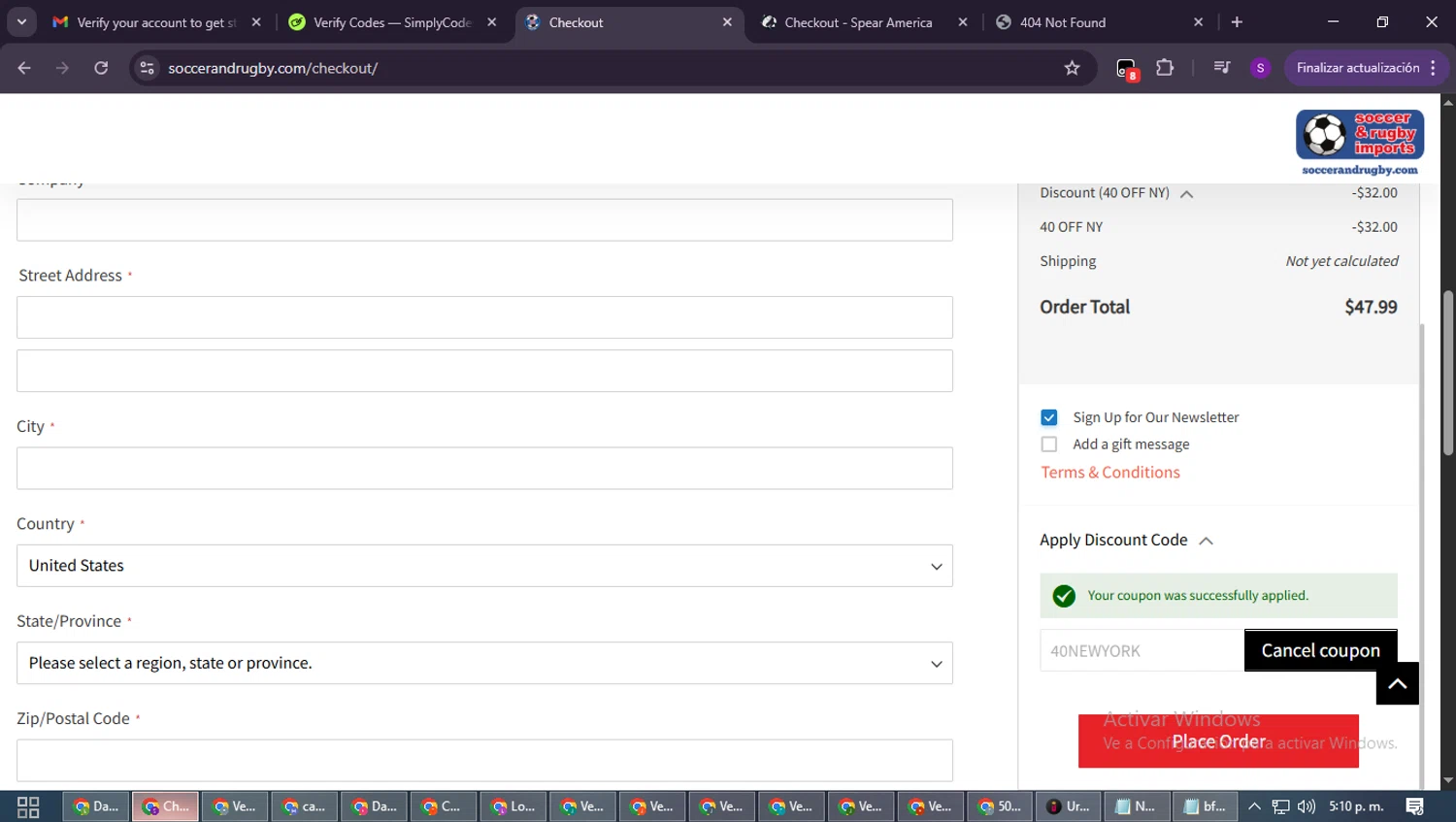 Soccer and Rugby Imports promo code screenshot showing code 40NEWYORK applied at Soccer and Rugby Imports checkout page. Uploaded by SimplyCodes community member ShieldWarden7838 on Dec 13, 2025