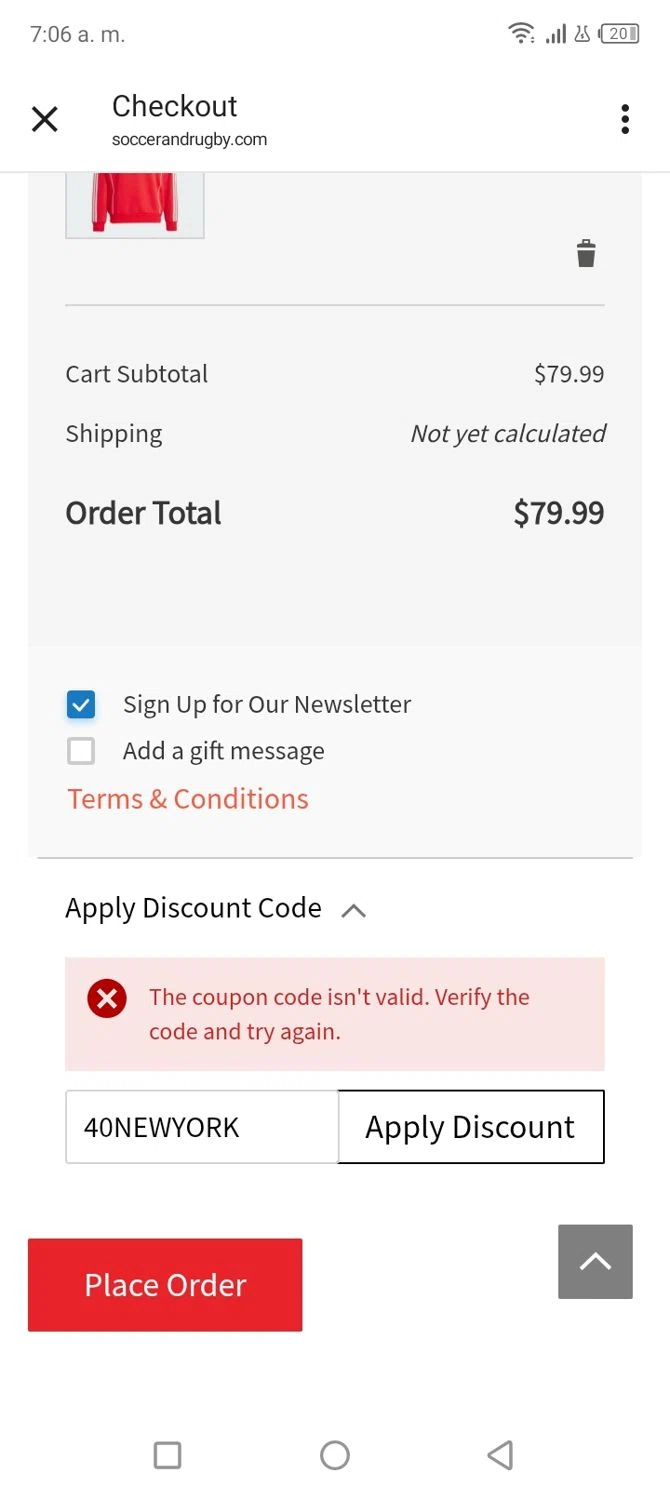 Soccer and Rugby Imports promo code screenshot showing code 40NEWYORK applied at Soccer and Rugby Imports checkout page. Uploaded by SimplyCodes community member tumiedo on Jan 11, 2026