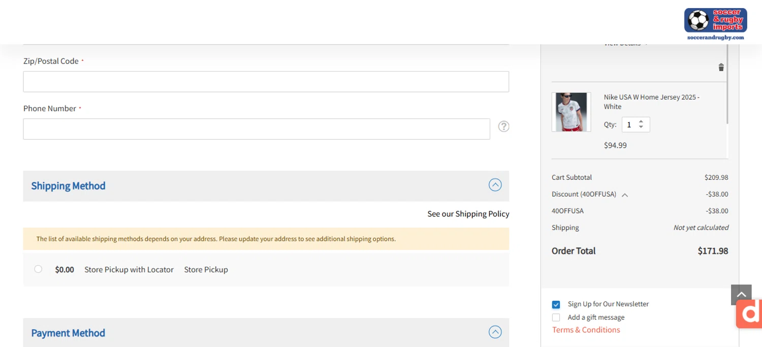 Soccer and Rugby Imports checkout page showing Soccer and Rugby Imports promo code box | Screenshot taken by SimplyCodes community member on Dec 15, 2025