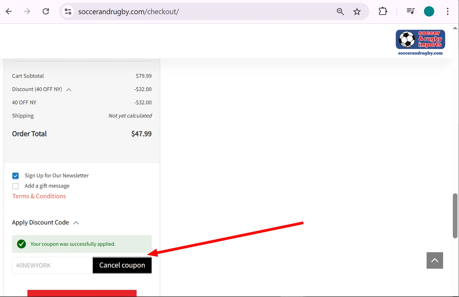 Soccer and Rugby Imports promo code screenshot showing code 40NEWYORK applied at Soccer and Rugby Imports checkout page. Uploaded by SimplyCodes community member anosesmith on Dec 13, 2025