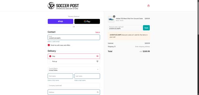 Soccer Post checkout page showing Soccer Post promo code box | Screenshot taken by SimplyCodes community member on Sep 14, 2025