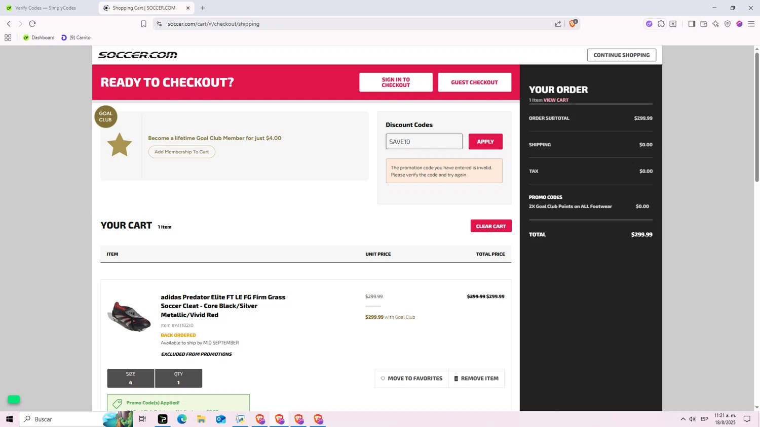 SoccerPro.com coupon code screenshot showing code SAVE10 applied at SoccerPro.com checkout page. Uploaded by SimplyCodes community member Nezukooo on Aug 18, 2025