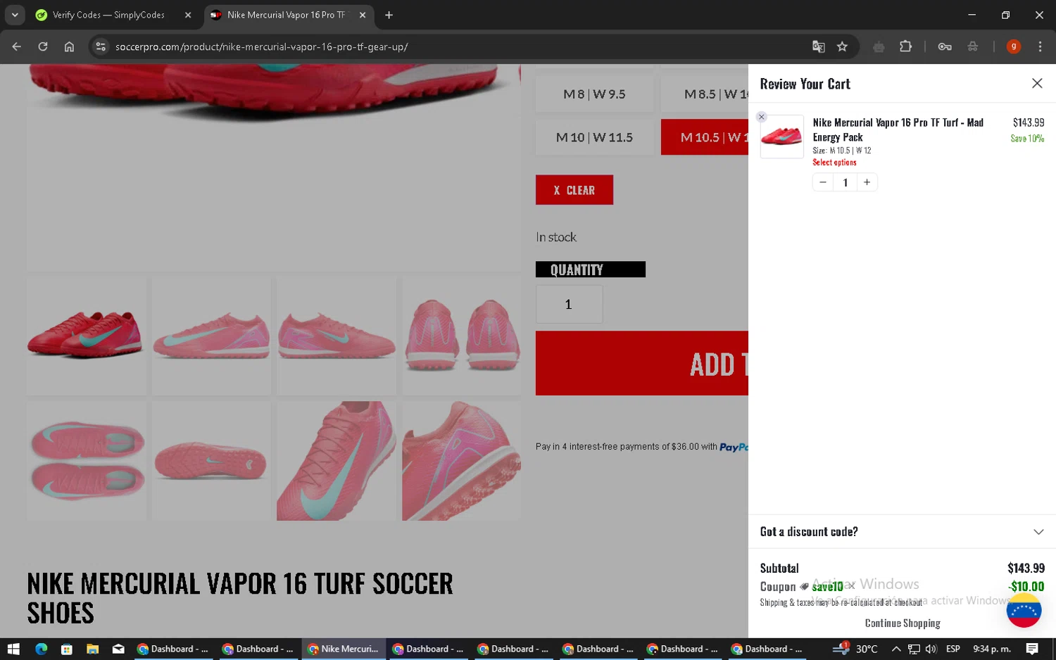 SoccerPro.com coupon code screenshot showing code SAVE10 applied at SoccerPro.com checkout page. Uploaded by SimplyCodes community member ExtraordinaryVirtuoso6801 on Jan 31, 2025