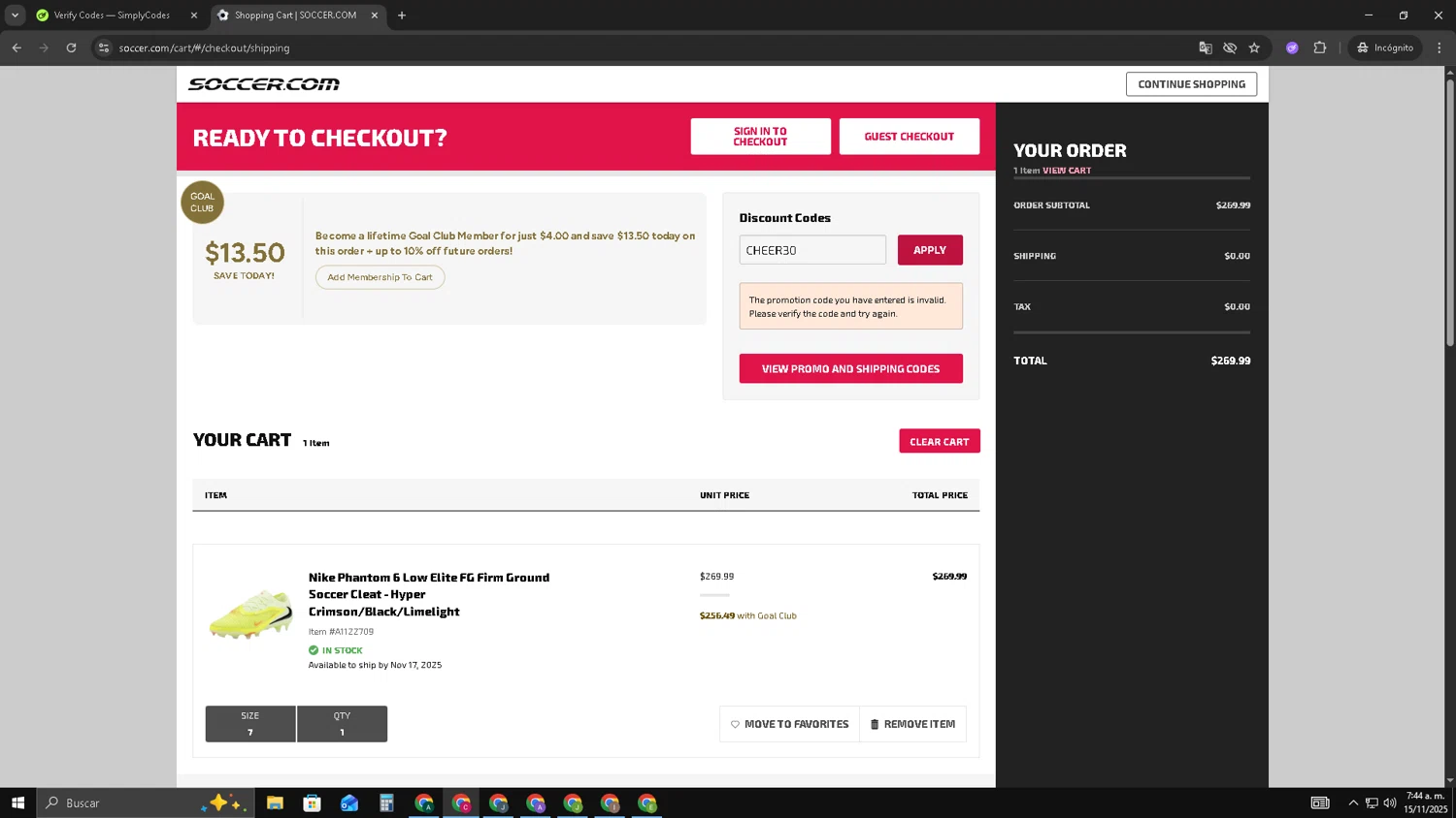 SoccerPro.com coupon code screenshot showing code CHEER30 applied at SoccerPro.com checkout page. Uploaded by SimplyCodes community member TOROREX250 on Nov 15, 2025