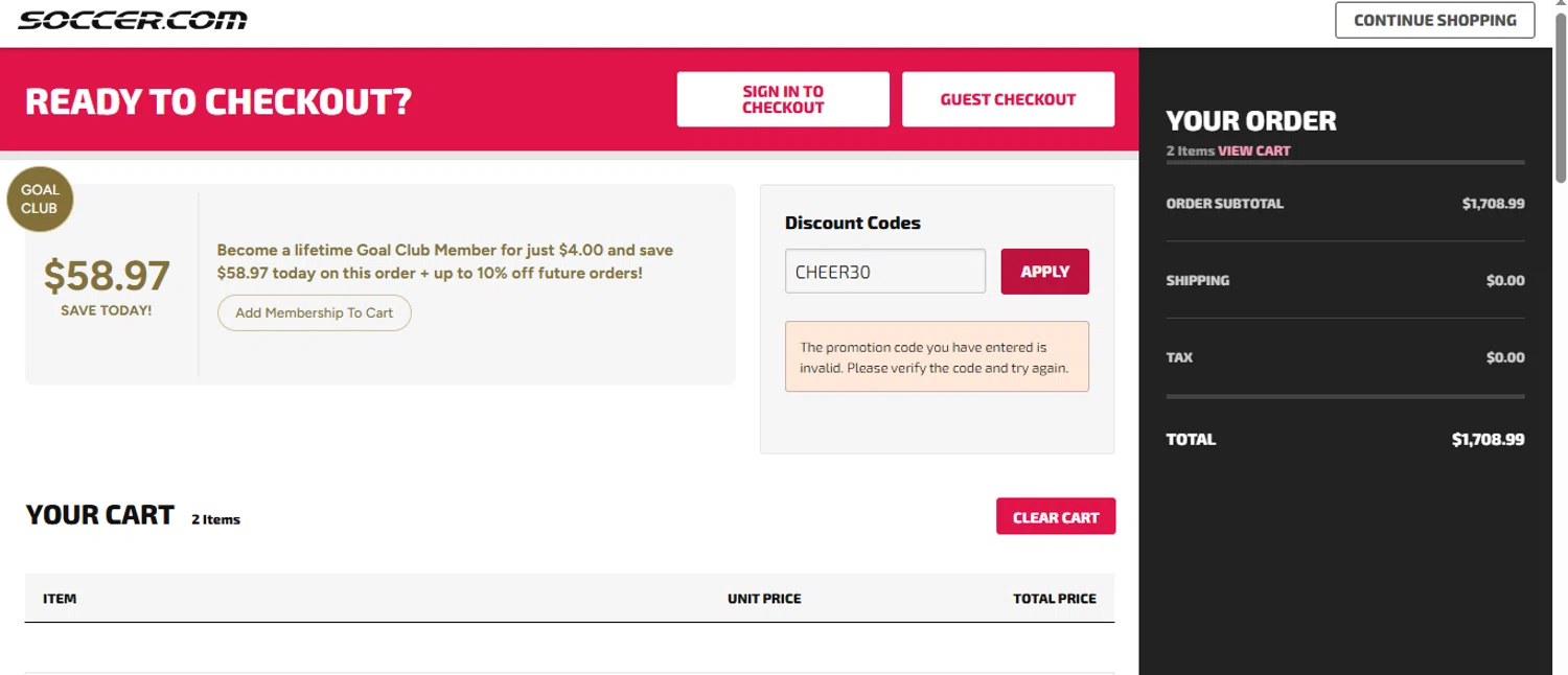 SoccerPro.com coupon code screenshot showing code CHEER30 applied at SoccerPro.com checkout page. Uploaded by SimplyCodes community member peachee on Nov 15, 2025