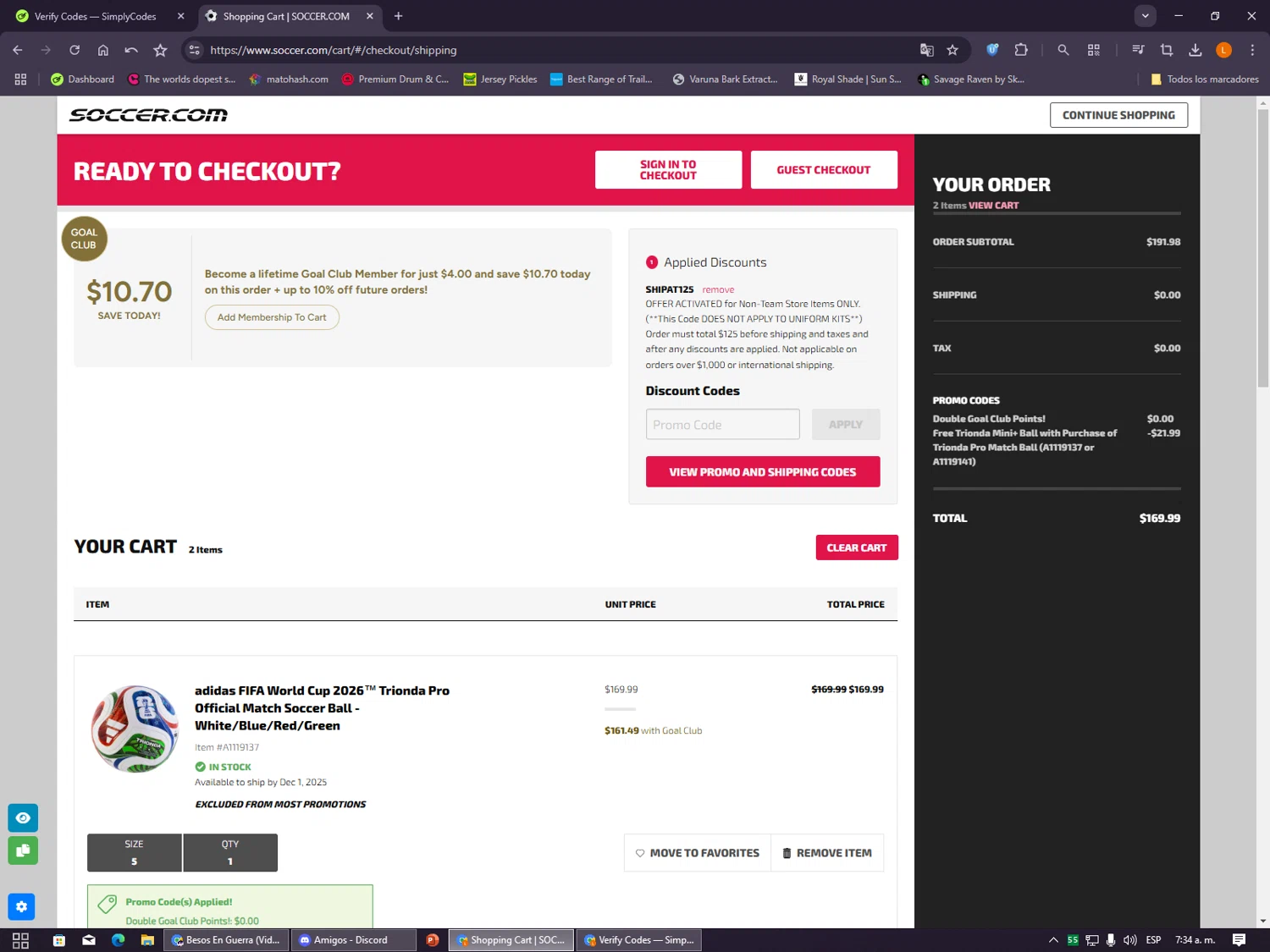 SoccerPro.com coupon code screenshot showing code SHIPAT125 applied at SoccerPro.com checkout page. Uploaded by SimplyCodes community member VayneChambeadora on Nov 30, 2025