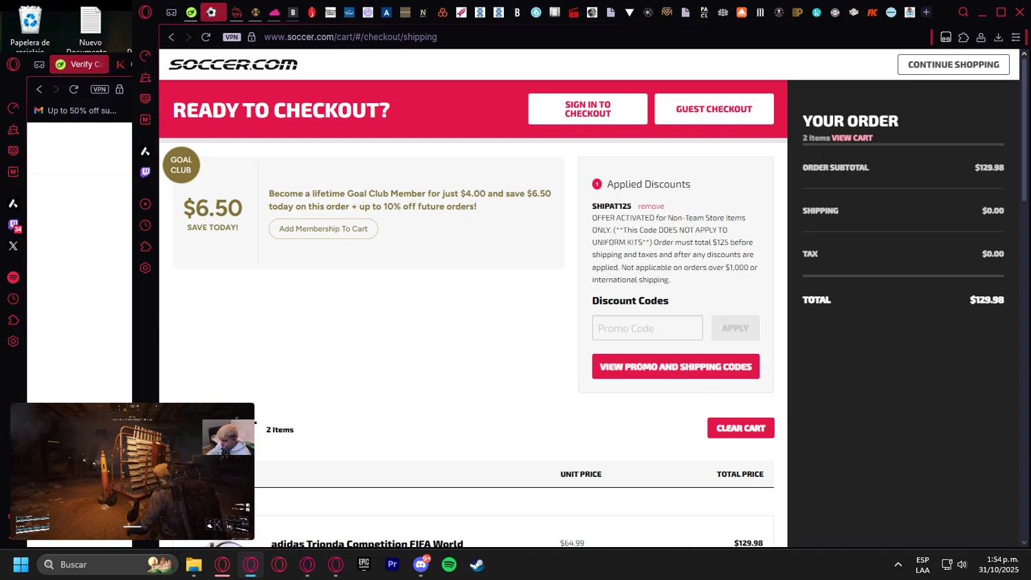 SoccerPro.com coupon code screenshot showing code SHIPAT125 applied at SoccerPro.com checkout page. Uploaded by SimplyCodes community member leonardocamacho2 on Oct 31, 2025