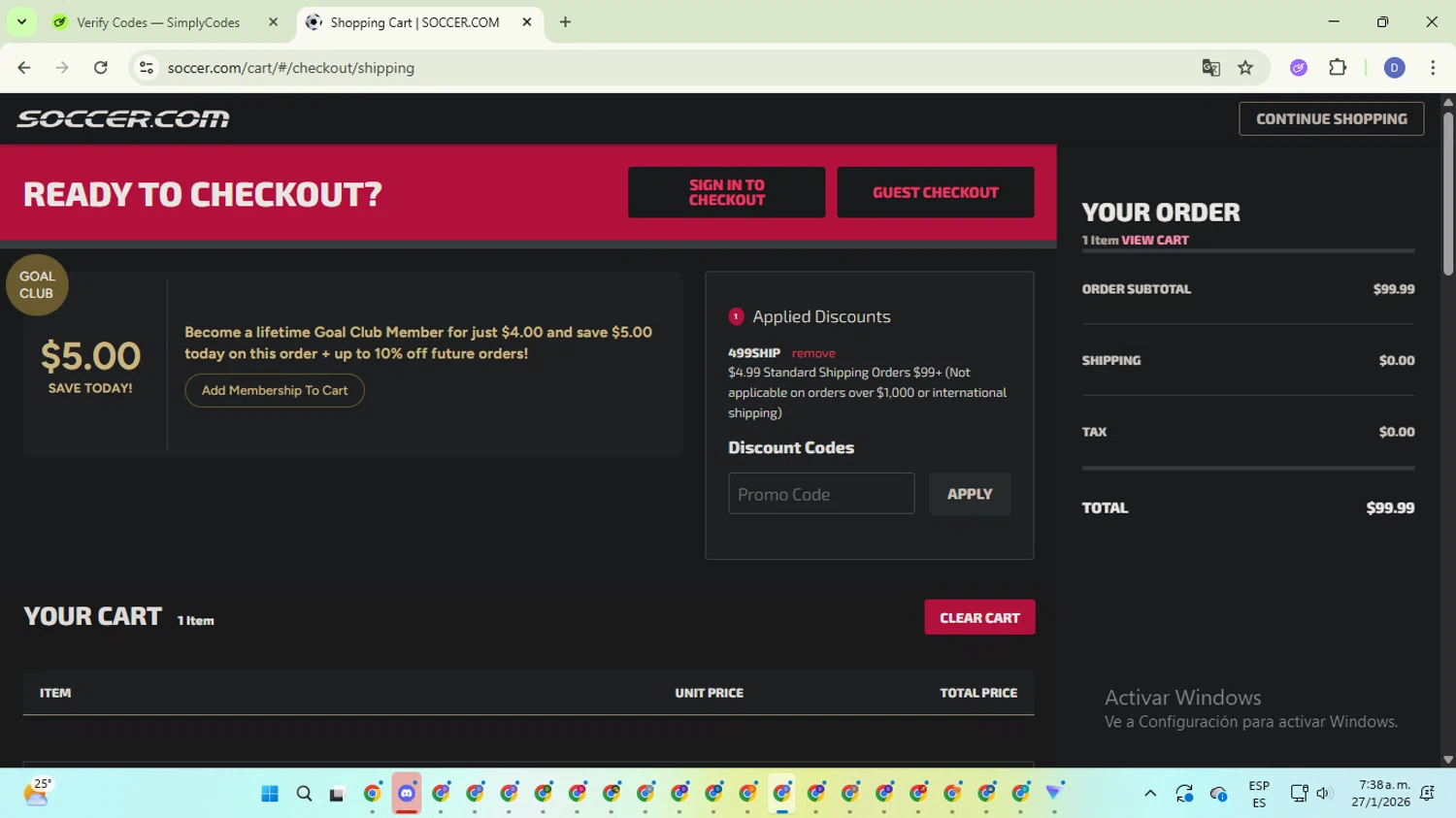 SoccerPro.com checkout page showing SoccerPro.com coupon code box | Screenshot taken by SimplyCodes community member on Jan 27, 2026