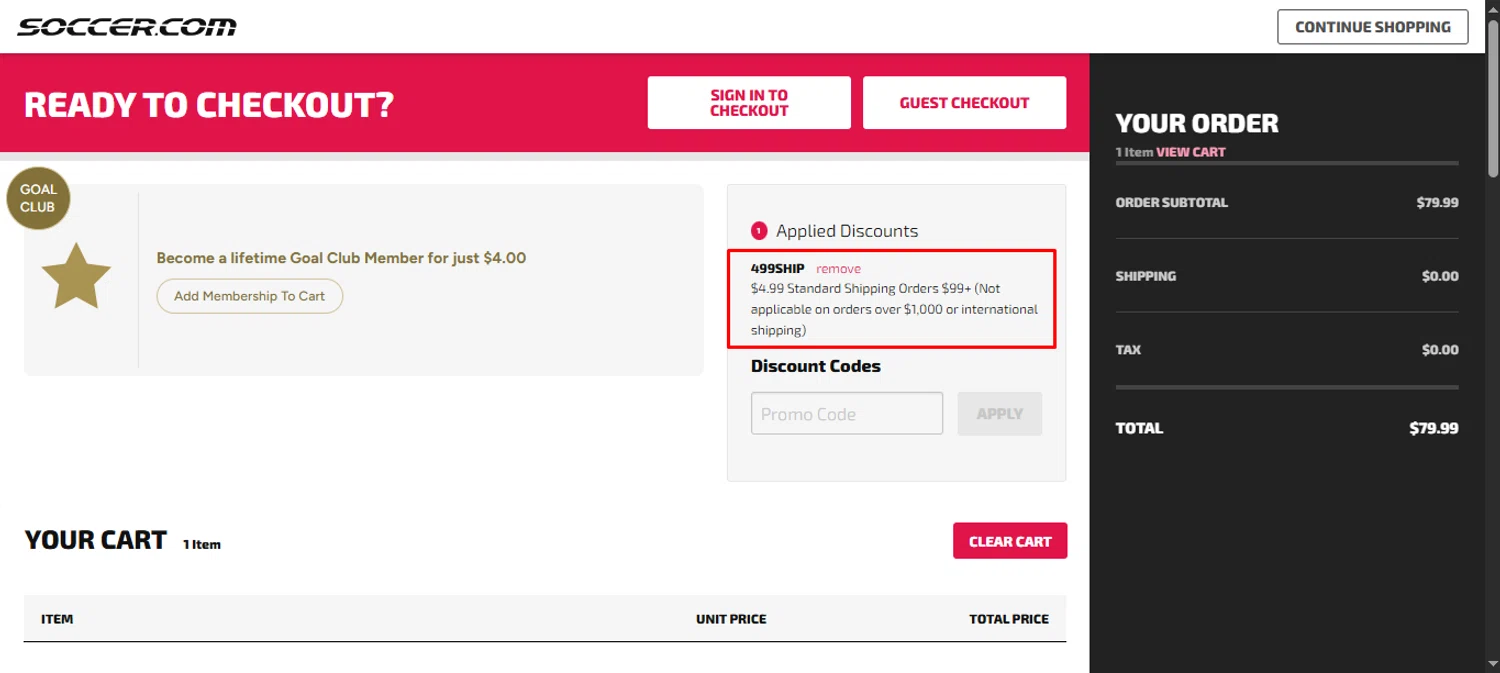 SoccerPro.com coupon code screenshot showing code 499SHIP applied at SoccerPro.com checkout page. Uploaded by SimplyCodes community member noworries on Nov 1, 2025